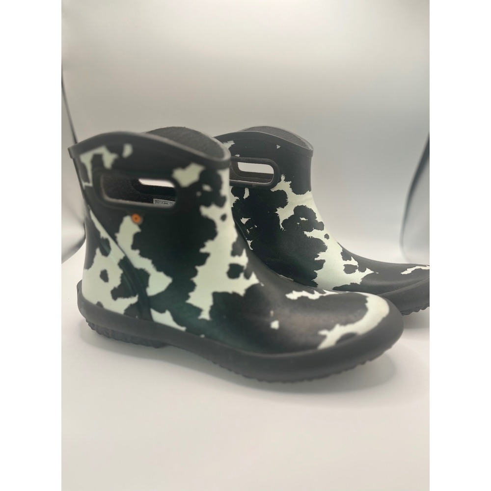 Bogs Patch Ankle Cow Rain Boots Women's 10 Black White Waterproof fishing garden